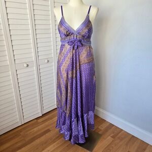 MT Collection Purple Gold Silk Blend Maxi Dress OS Boho Festival Resort Goddess